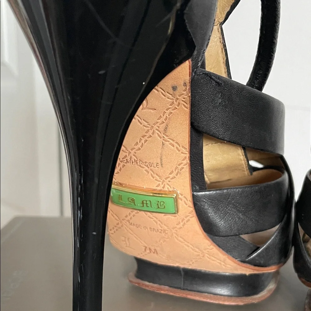 LAMB 7m Women’s Black Leather Strappy Platform Heels